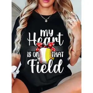 100% Cotton My Heart is on That Field Baseball Softball Mom Women Wife T-Shirt