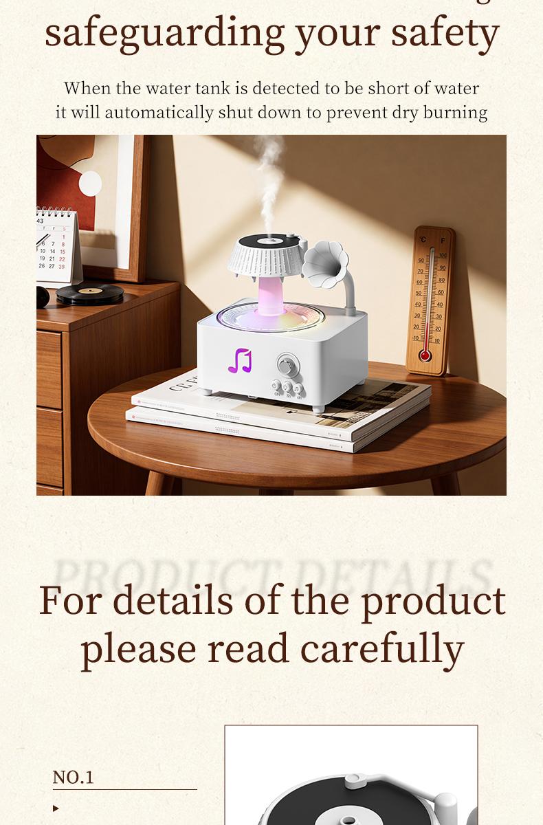 Phonograph-style aroma diffuser and humidifier with white noise and Bluetooth music, includes essential oils, features multiple natural sounds, automatic shut-off when water runs out, and ultrasonic raindrop rotation. A high-end white aroma diffuser gift.