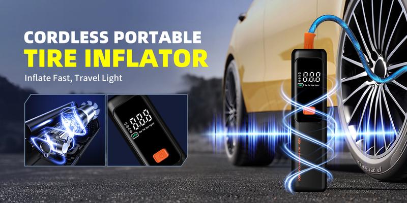 Kozzenwarm Electric Air Pump with Smart Pressure Control Portable Air Compressor One-Button Start Inflation Type-C Charging Port 4 Interchangeable Nozzles for Cars Motorcycles Bicycles Balls Compact Storage airpump