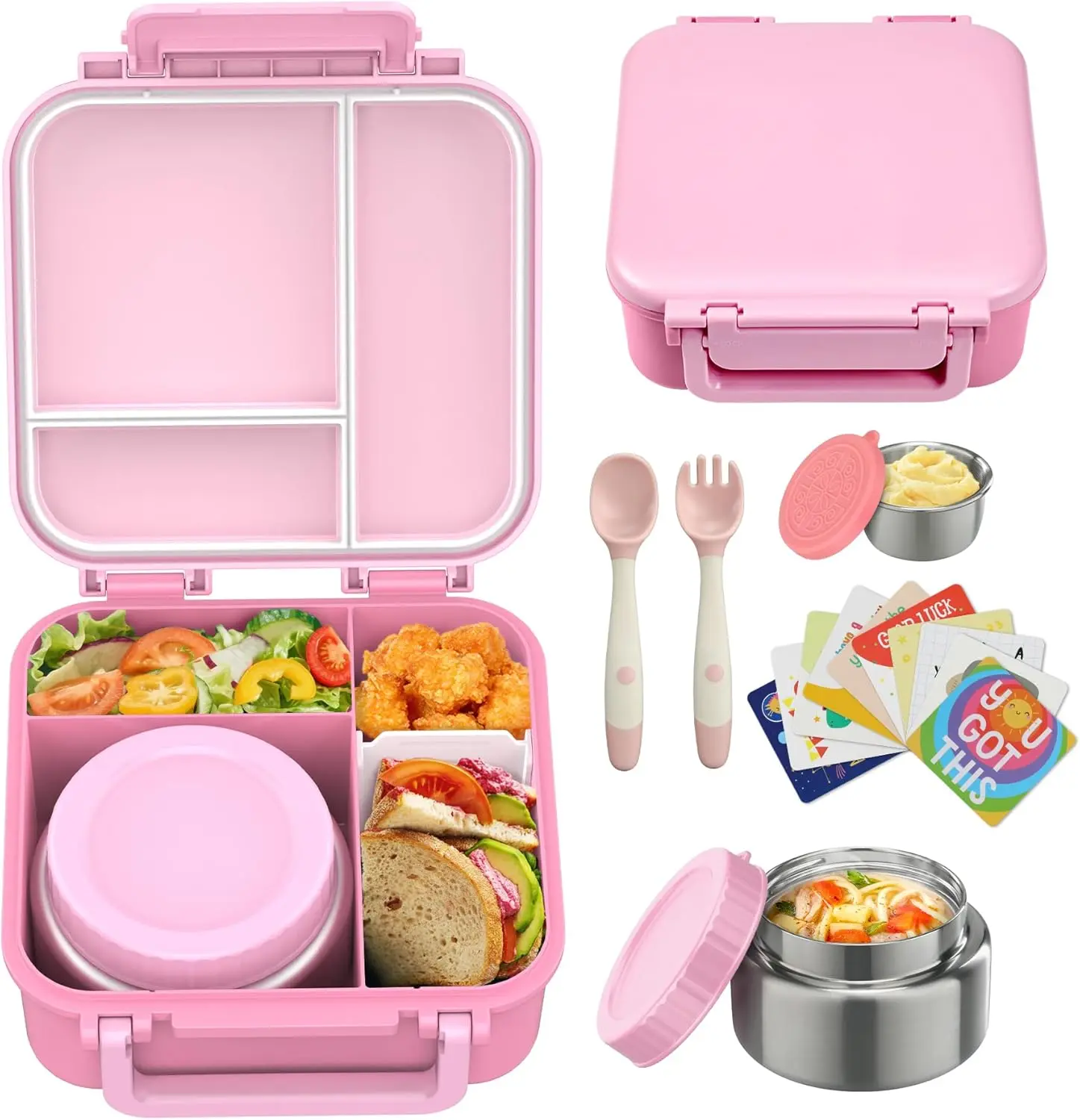 [Back To School] Wiwens Kids Bento Lunch Box Set with 9oz Soup Thermo Leakproof Containers 4 Compartments Insulated Hot Food Jar for School Travel Silicone Seal Kids Friendly Design