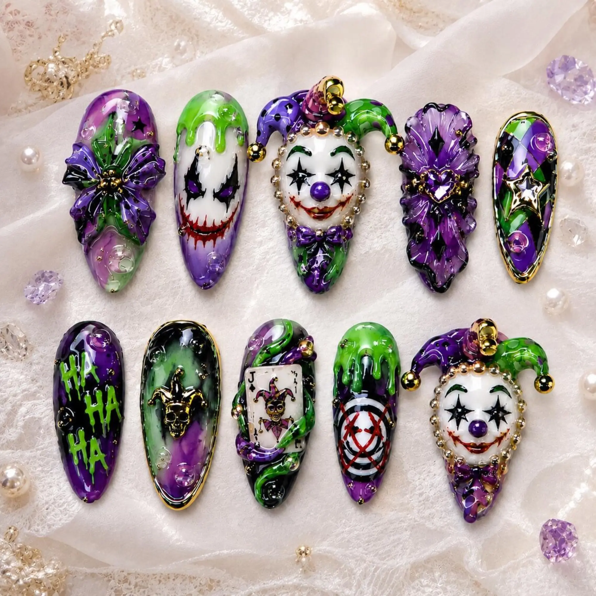 Halloween Press On Nails, 3D Clown Jester Nails, Gothic Luxury Press On Nails, Purple Green Joker Nail Set.