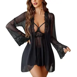 Avidlove Elegant 3 Piece Lace Lingerie Set with Mesh Strap Babydoll Kimono Robe & Lace Thong for Wedding Night Honeymoon Valentine's Day