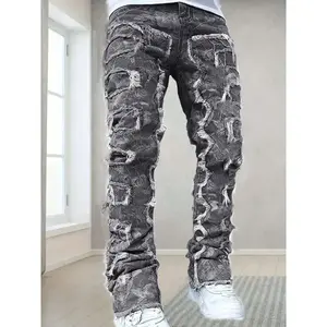 Men Men's Solid Frayed Denim Barrel Pants With Pockets, Causal Cotton Blend Slim-fit Jeans For Outdoor Activities Streetwear Casual Polyester Stretch