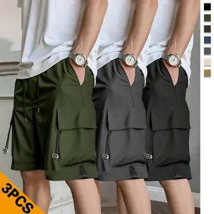 Men’s cargo shorts, 3-pack; knee-length; summer drawstring waist; large pockets; adjustable drawstring; flap pocket design; stylish casual athletic shorts; straight-leg cargo sports outdoor leisure pants