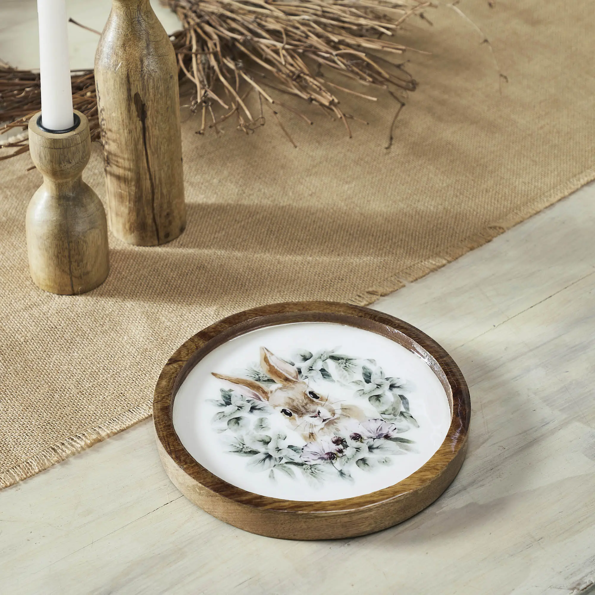 Rustic Round Small Easter Tropical Wooden Plate, Natural with Bunny & Wreath