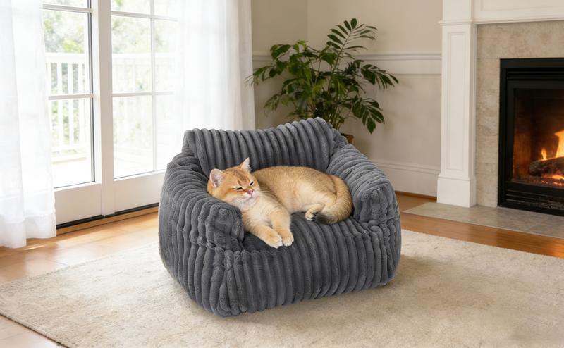 LIKIMIO Pet Couch Bed 24 & 30 Inch - Corduroy Fluffy Sofa for Cats & Small/Medium Dogs, Removable Washable Cover, Supportive Indoor Pet Furniture