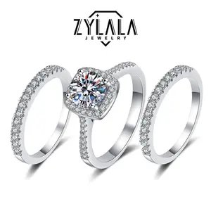 [245-0.5CT&2PCS Round Band] 0.5CT Synthetic Moissanite Square Ring + Eternity-band Set Square Halo Design 925 Sterling Silver Promise Ring Engagement Wedding Gift