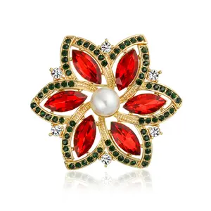Large Statement Red Green Marquise Crystal & Fashion Pearl Flower Brooch Scarf Pin Gold Plated