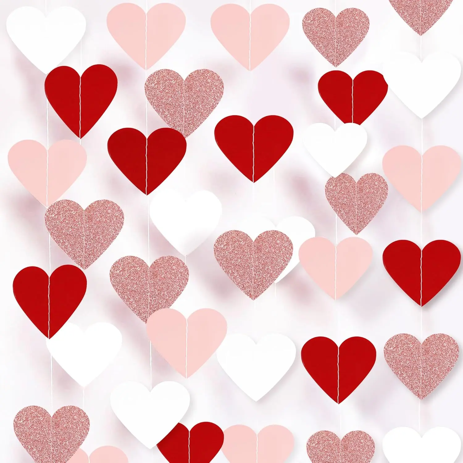 8-Pack Heart Garland in Red, Pink & Rose Gold Glitter for Valentine’s, Weddings & Home Decor
