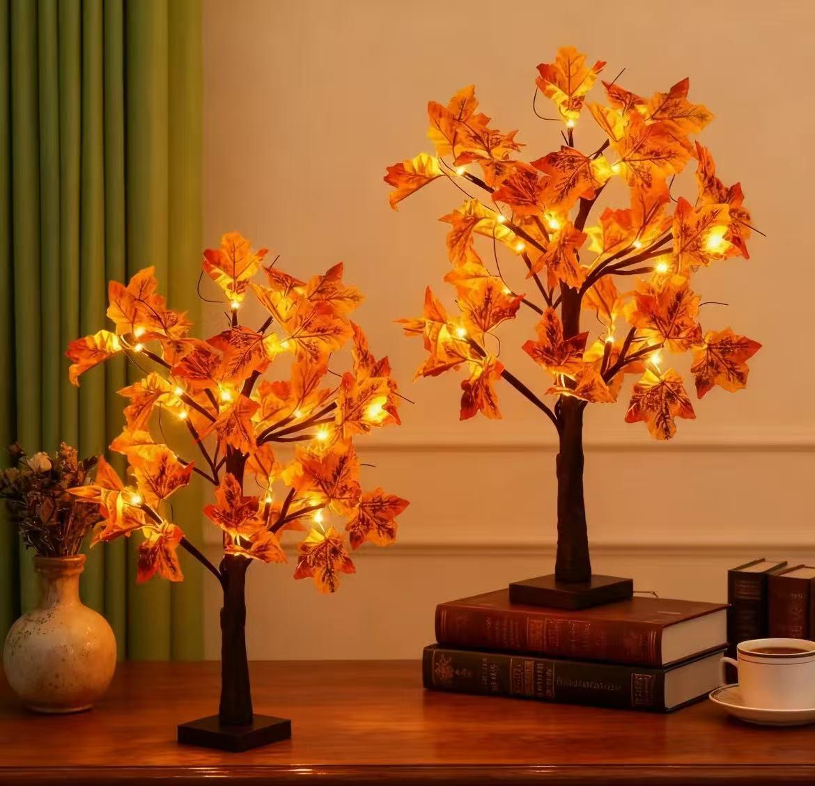 2-Piece LED Tree Lights with Maple Leaves for Christmas Halloween & Thanksgiving Home Decor Night Lights Battery-Powered USB Control Art Deco Style Floral Design