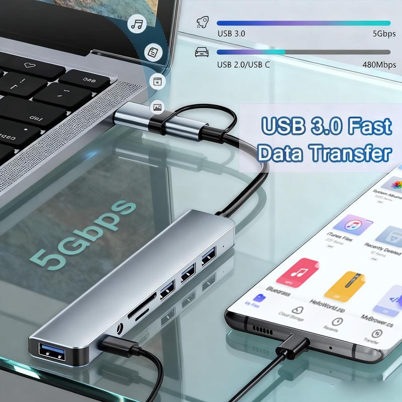 USB C Hub 10 in 1 Splitter Expander 8 Port Multiport Adapter 4 USB 3.0 Ports 1 USB-C Jack TF/SD Card Reader 3.5mm Aux Ports Audio Aluminum Output for iPhone 16 17 For MacBook Pro/Air For iPad iMac XPS Thinkpad Laptop Galaxy Phones High-Speed Data Transfer