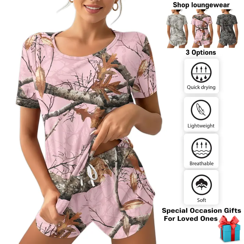 Adult women camouflage short sleeve summer sleepwear pajama set, Soft Nightwear, Loungewear, Homewear, Perfect Gift for Mom & Her