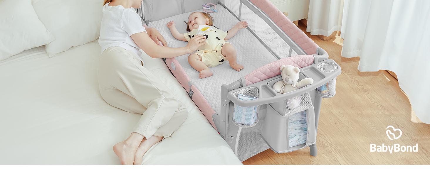 Baby Bassinet & Bedside Sleeper, Portable Baby Crib for Newborns and Infants, Foldable Playard with Mattress, Diaper Changer, Music Mobile for Nursery