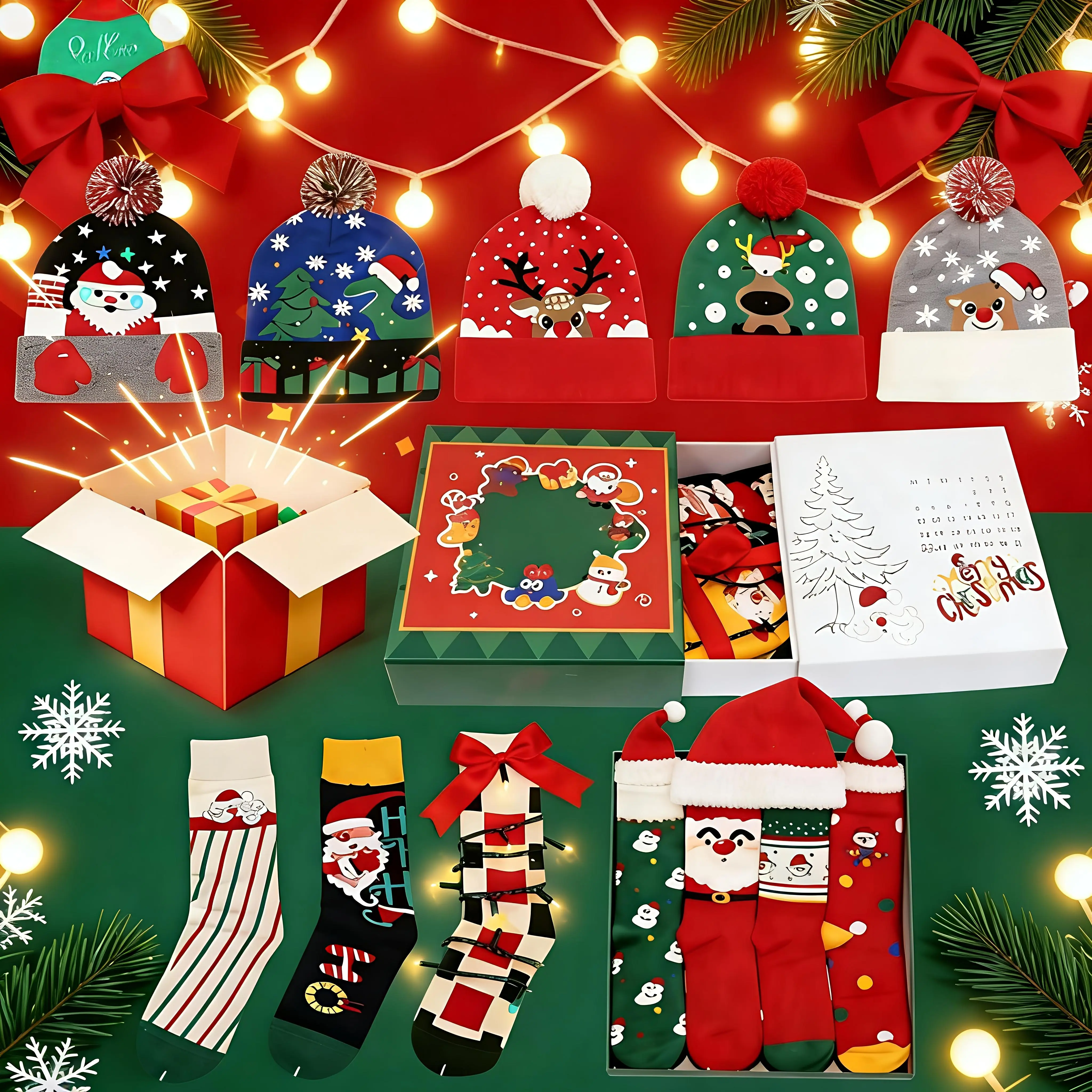 10 pcs, Christmas gift box, two-box set, 8 pairs of Christmas stockings, two high-quality Christmas knitted hats, holiday gifts for women and men, and gifts for teenagers