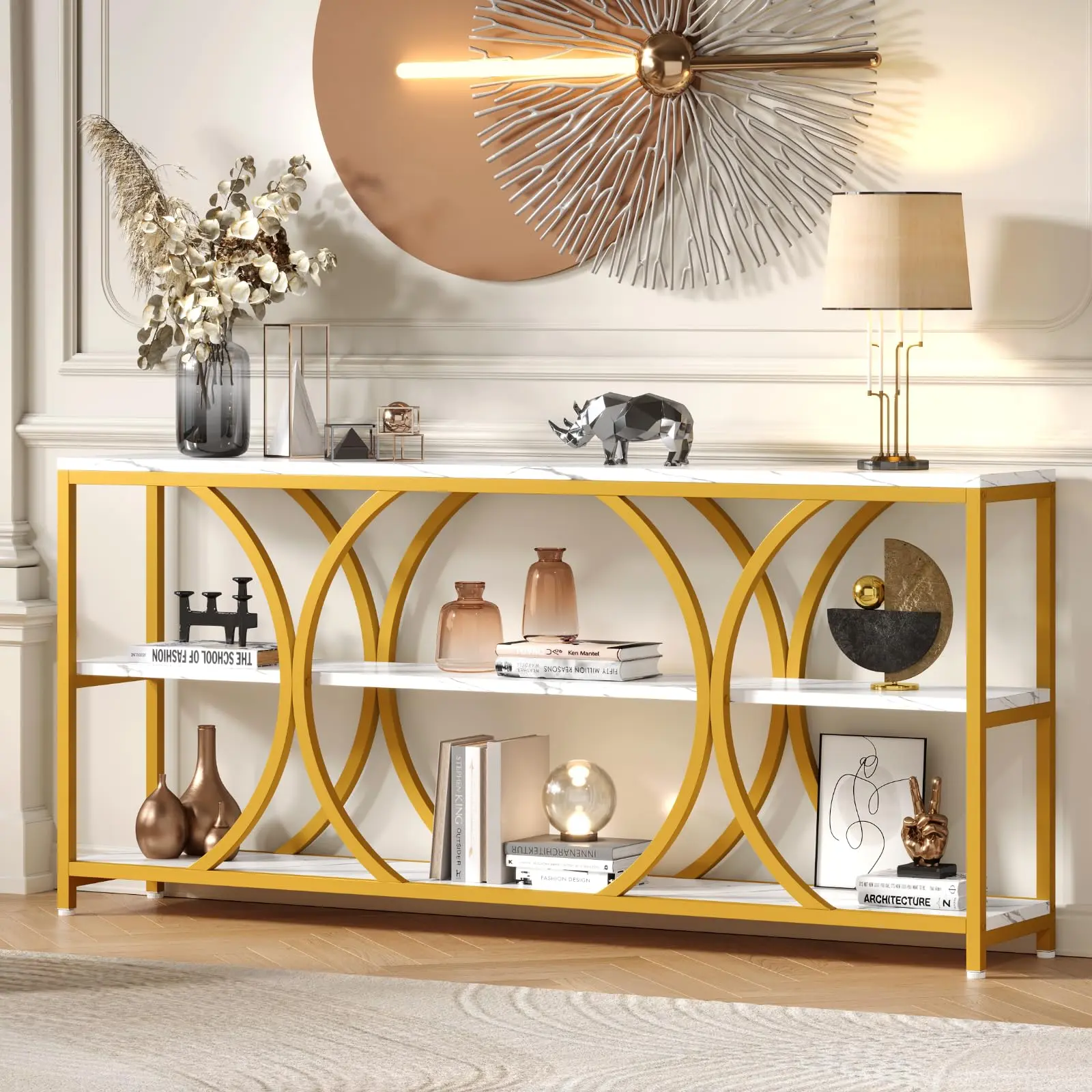 【SohoChic】ONBRILL 70.8in Modern Console Table, Narrow Living Room Furniture with 3-Tier Shelf, Faux Marble Elegance Top & Gold Frame, Fits Narrow Spaces for Hallway Entryway Behind Couch