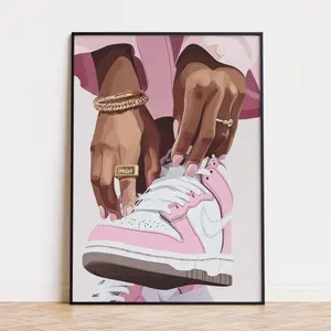 [Sale up to 30%] + [FREE SHIP] + [NO FRAME] (No Frame) Printable Black Woman Sneaker Art, Fashion Poster Sneakerhead Print Pink Aesthetic Art Melanin Wall Art Black Girl Decor
