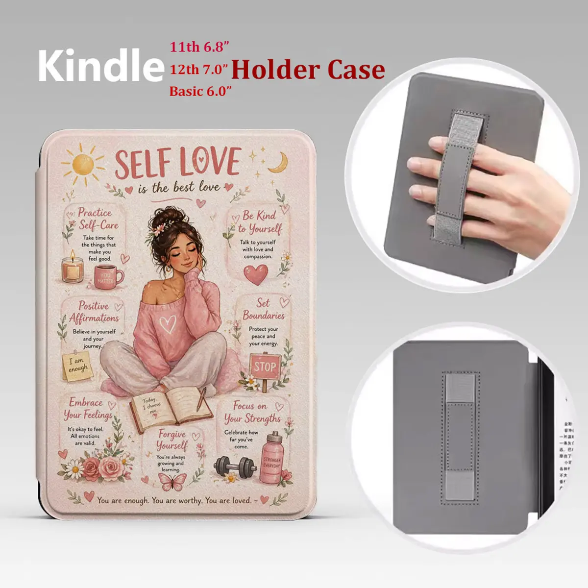 Kindle Case for 6in, 6.8in, 7in Devices - Slim PU Leather Cover with Self Love Tips Design, Soft Back, Auto Wake/Sleep for Paperwhite 11th/12th Gen, Kindle 2022/2024, Light & Durable Protection