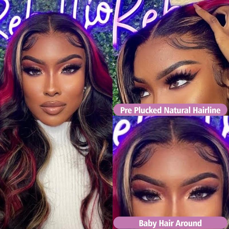 180 Density 13x4 HD body Wave Human Hair Wigs Highlights Red with Blonde Stripe Lace Frontal Wig Pre Plucked 32inch Lace Front Remy Hair Wig