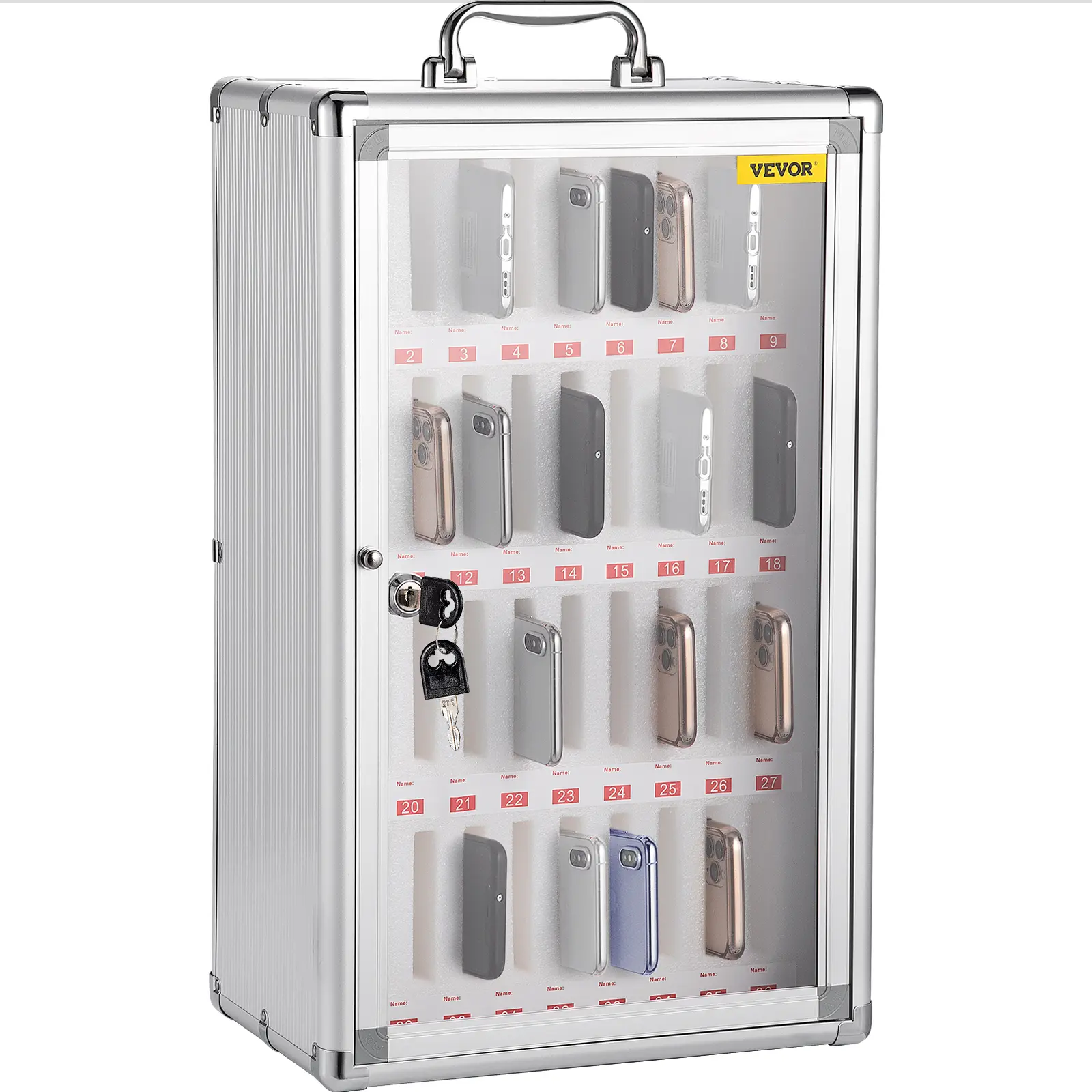 VEVOR 36-Slot Silver Aluminum Alloy Wall-Safe Portable Cell Phone Safe - Factory-Made Cell Phone Rack, Lockable Cabinet with 12.6"x7.9"x20.1"/32x20x51cm Plexiglass, Portable Handle, Key Lock, Handwritten Tags, Wall Mount Installation for School, Plexi Gla