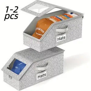 Stackable Baseball Cap Organizer Box with Clear Window Holds 20-24 Hats Foldable Space-Saving Closet Storage Bin for Bedroom Dorm & Travel