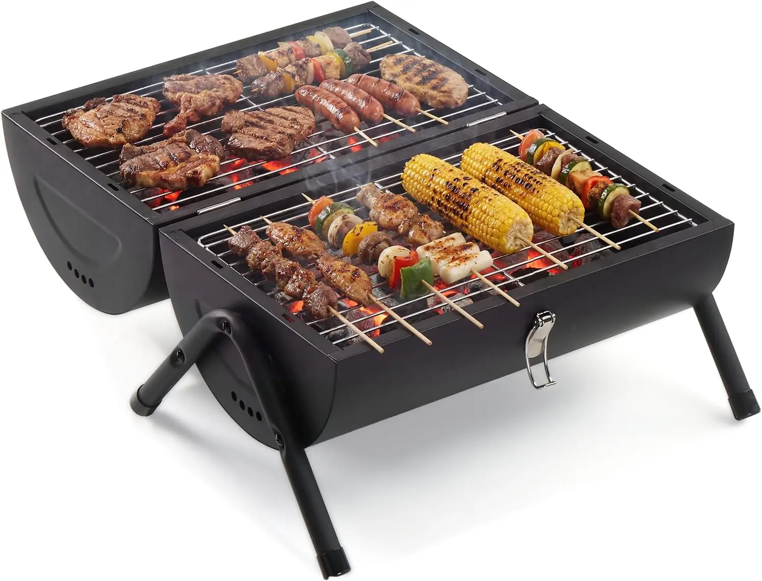 ROVSUN Portable Charcoal Grill with Storage Bag, Small Tabletop Barbecue Grill with Double Sides Grill Surface, Heavy Duty For Outdoor Cooking, Camping, Backyard Using
