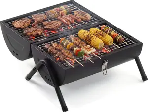 ROVSUN Portable Charcoal Grill with Storage Bag, Small Tabletop Barbecue Grill with Double Sides Grill Surface, Heavy Duty For Outdoor Cooking, Camping, Backyard Using