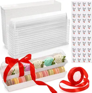 50 Pack Strawberry Boxes with Clear Lids, 11" Macaron Box with Ribbon and Stickers, Chocolate Covered Strawberries Package Boxes for Cookies, Cocoa Bomb, Truffles, Valentine's Day, Christmas