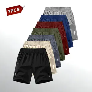7 Pack Men's Quick Dry Breathable Shorts, Casual & Athletic Style, Wrinkle-Free Design, Polyester Blend, Solid Color with Reflective Stripes, Suitable for Running, Soccer, Badminton, Basketball, Ping Pong, Weightlifting, Gym Workouts, Men's Shorts Set, At