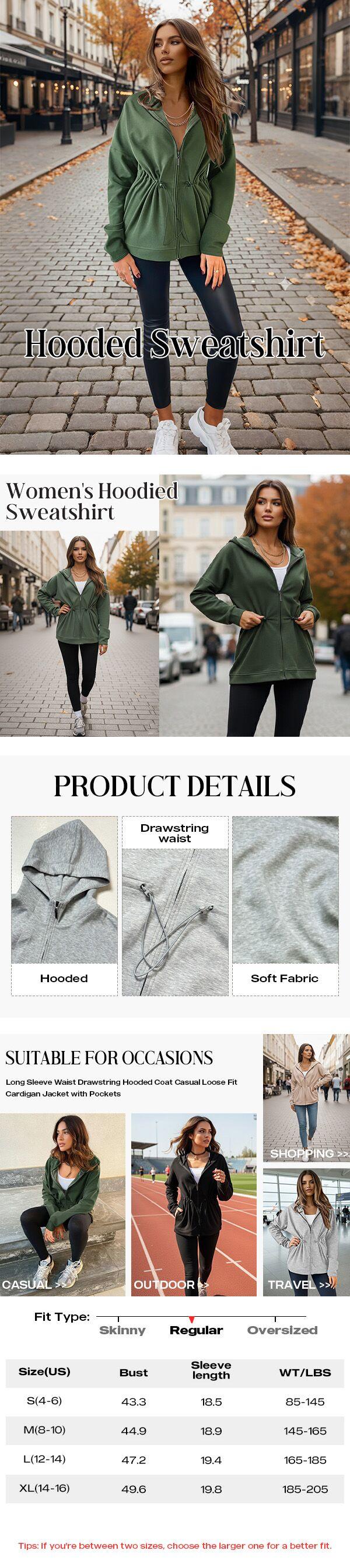 ChicMe Long Sleeve Waist Drawstring Hooded Coat Casual Loose Fit Cardigan Jacket with Pockets