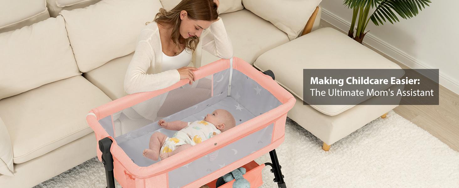 Baby Bassinet Crib, Crib for Infant&Newborn, Bedside Sleeper with Storage Basket and Mosquito Net, Easy to Fold, Height Adjustable, Portable Side Bed Crib