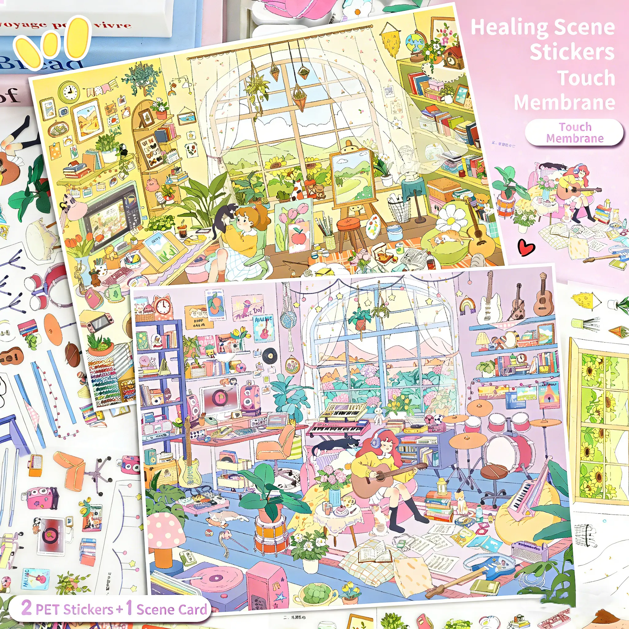 Illustration Studio & Music Studio 2-Piece Scene Set PET Material Creative Adult Stress Relief Detailed Artwork for All Ages Artistic Studios Sticker Set