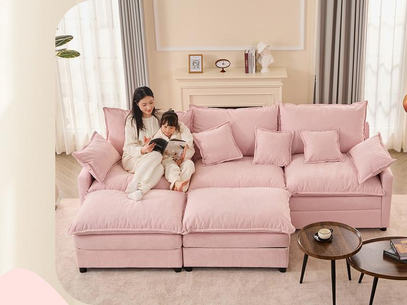 【2 Packages Shipping】GOSUHI 108" U-Shaped Modular Sectional Sofa - Comfy Cloud 3-Seater with 2 Movable Ottoman, Cloud Sofa,Deep Seat Linen Couch for Living Room, Beige Color ,Comfort & Stylish Design,Chenille pink 【2 Packages Shipping】GOSUHI 108" U-Shaped Modular Sectional Sofa - Comfy Cloud 3-Seater with 2 Movable Ottoman, Cloud Sofa,Deep Seat Linen Couch for Living Room, Beige Color ,Comfort & Stylish Design,Chenille pink