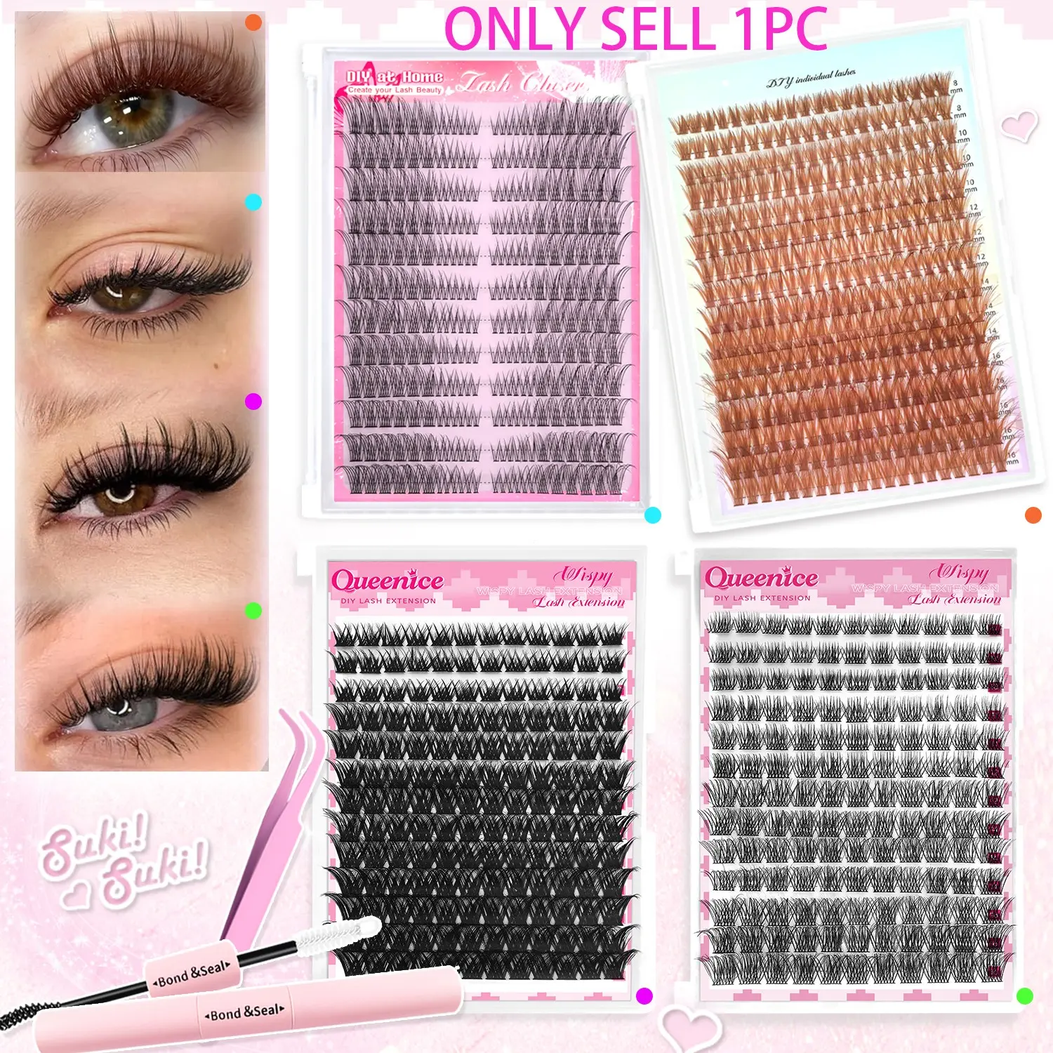 Individual Cluster, Wispy Soft Wide Stem Volume Cluster Lashes Set, Volume Eyelashes, Eyelash Cluster Extensions, Fishtail/Cat Eye/Brown Lash, Wet Look/Dramatic/Volume+Wispy, with 2in1 Glue&Tweezers, Reusable to Enhance Eye Makeup, Daily/Wedding/Party