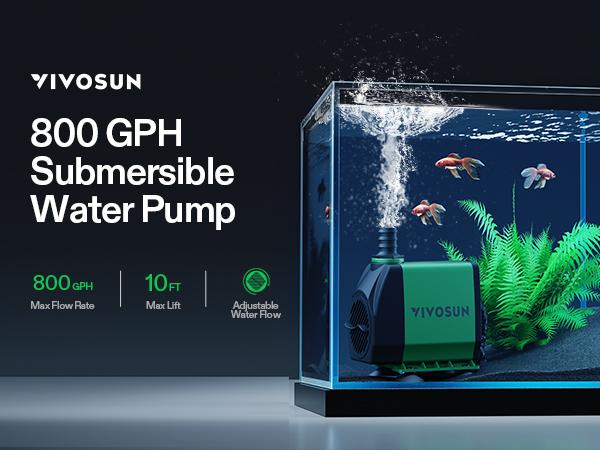 VIVOSUN 800GPH Submersible Pump(3000L/H, 24W), Ultra Quiet Water Fountain Pump with 10ft. High Lift with 6.5ft. Power Cord, 3 Nozzles for Fish Tank, Pond, Aquarium, Statuary, Hydroponics VIVOSUN 800GPH Submersible Pump(3000L/H, 24W), Ultra Quiet Water Fountain Pump with 10ft. High Lift with 6.5ft. Power Cord, 3 Nozzles for Fish Tank, Pond, Aquarium, Statuary, Hydroponics