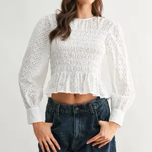 Broderie Anglaise Smocked Blouse Balloon Sleeves