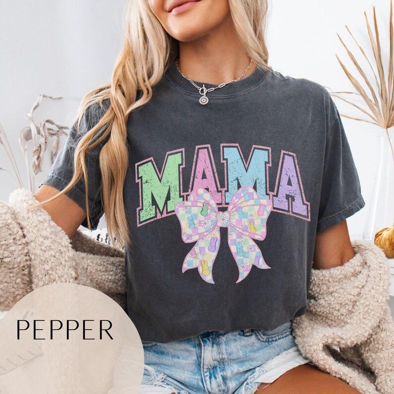Comfort Colors Coquette Bow Easter Mama TShirt, Retro Mama T-Shirt, Vintage Mama Easter Tee, Mama Tshirt, Varsity Mom TShirt, Bow Mom Tee