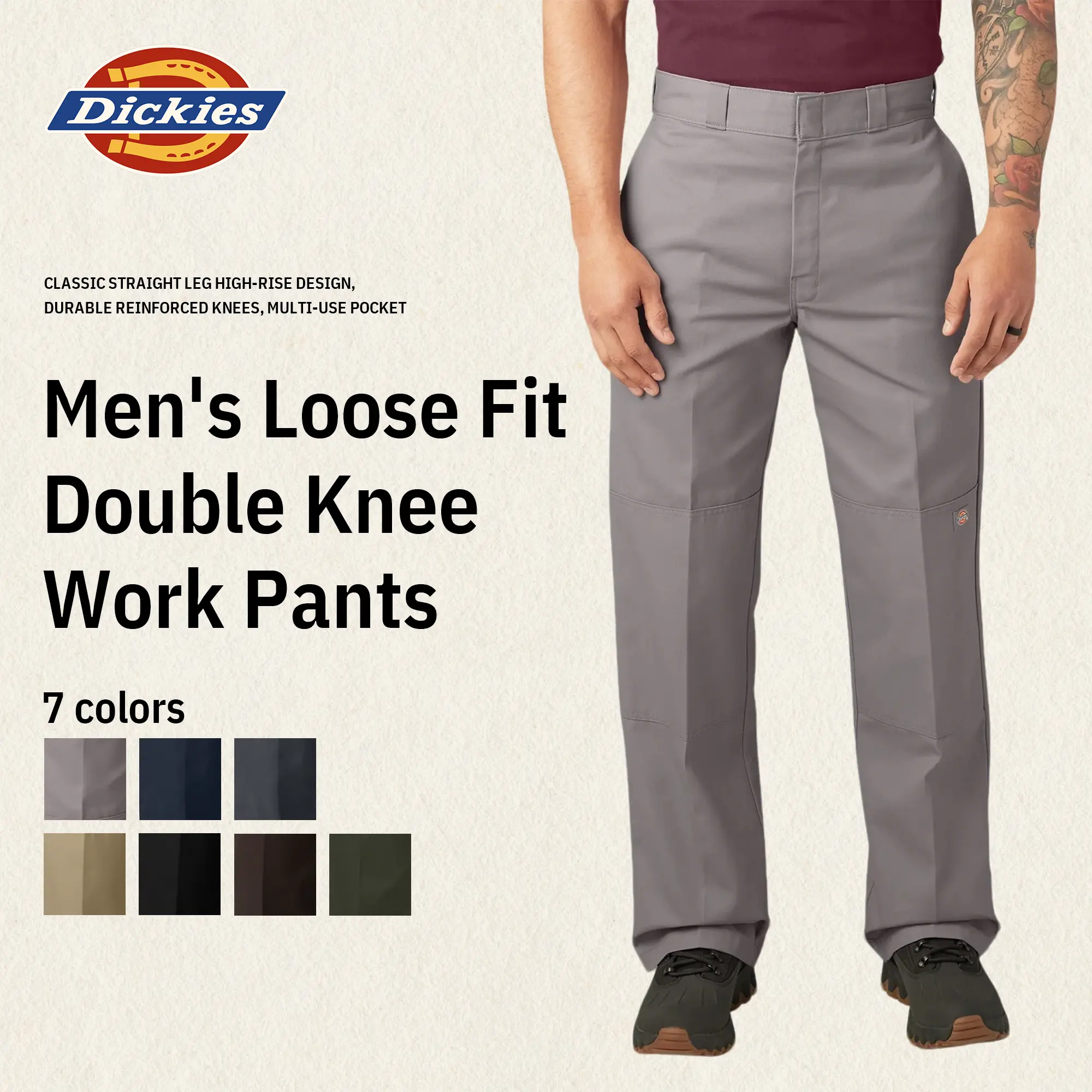 Dickies Men's Loose Fit Double Knee Work Pants, Reinforced Knees, Multi-Pocket Utility Fit, Workwear Street Style