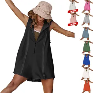 UANEO Women's Short Half Zipper Sports Jumpsuit for Fitness Outdoor Leisure Sleeveless Loose Hoodie For Women