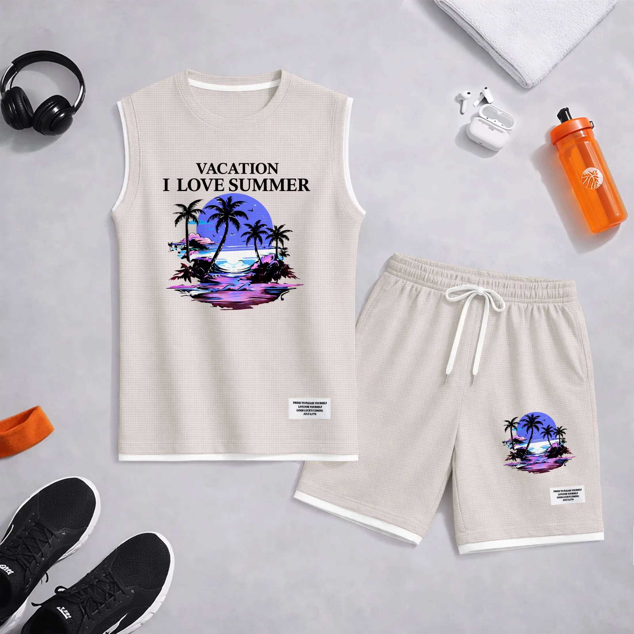 Men’s Tropical Beach Graphic Print Summer Set Sleeveless Tank Top & Shorts Matching Outfit, Vacation Island Print Lightweight Casual Streetwear Set for Everyday & Holiday