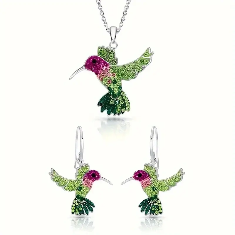 Exquisite Hummingbird Jewelry Set for Women, 3-Piece Alloy Pendant Necklace and Stud Earrings with Synthetic Gems for Parties, Stud Earrings Set, Party Set, Animal