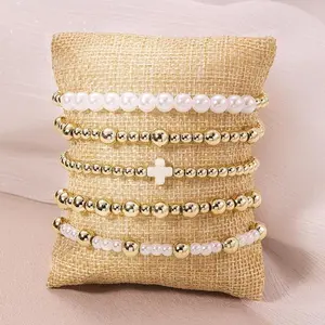 5-piece women's gold bead bracelet - anti fading thick chain with paper clip buckle, cross shaped pearl and elastic design, suitable for daily wear and styling