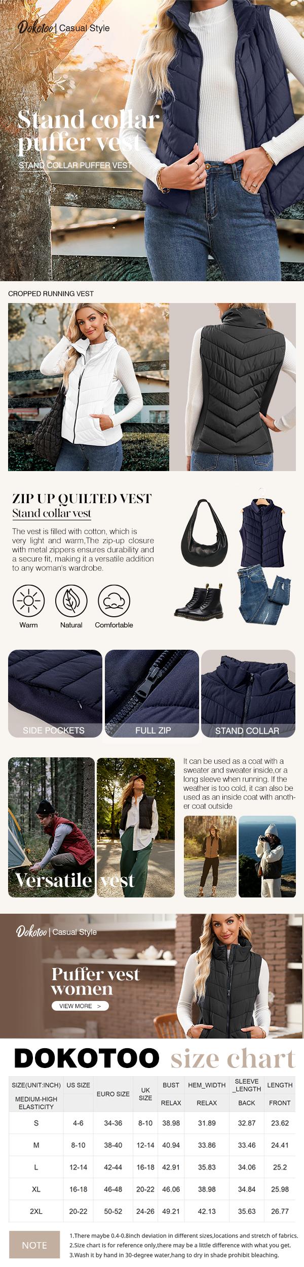 Dokotoo Puffer Vest Women Sleeveless Zip Up Outerwear Stand Collar Quilted Vest Warm Winter Jackets Coats with Pocket