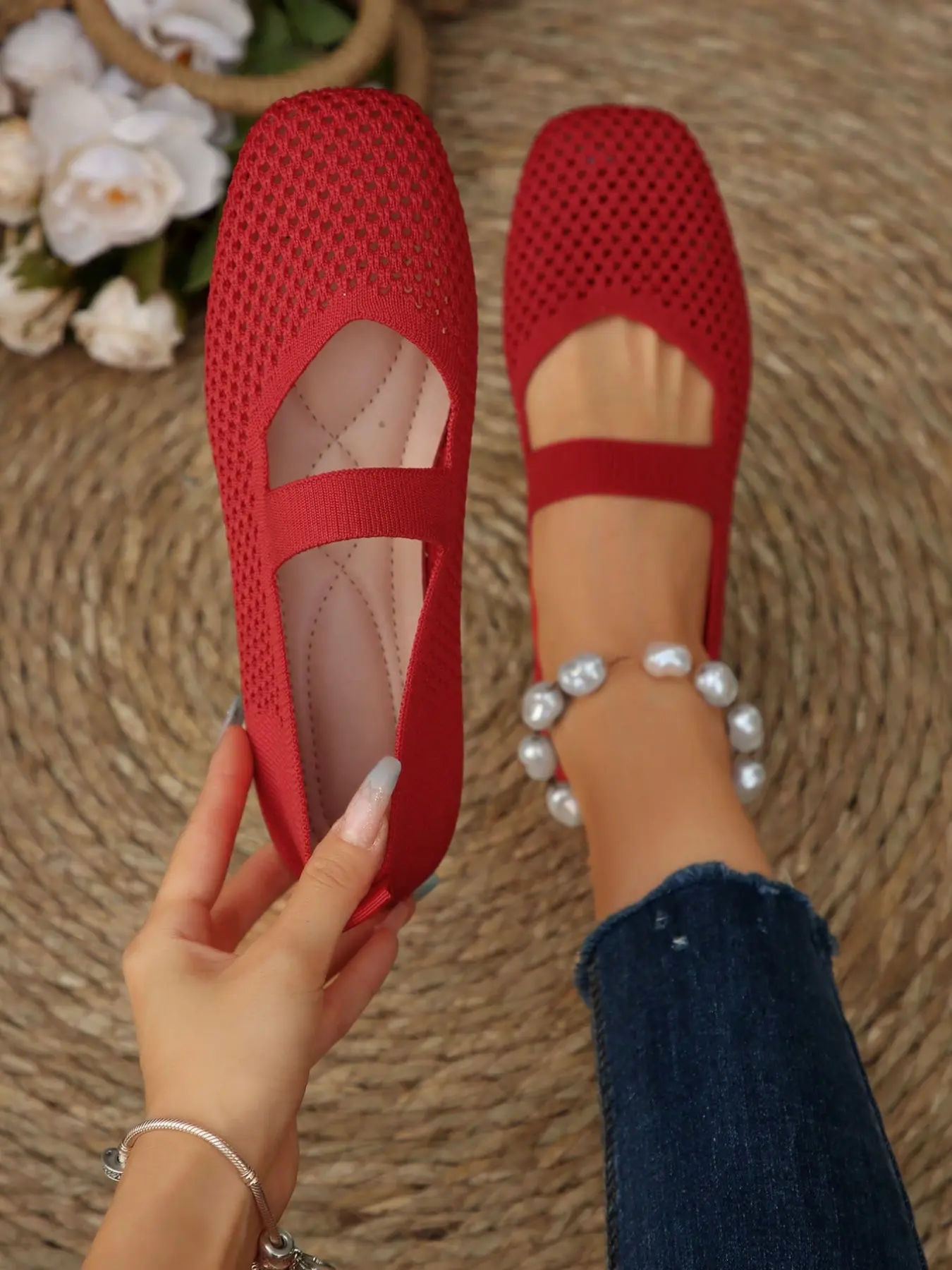Women's Mary Jane Flats, Fashionable Flats, Casual Flats, Square Toe Mesh Breathable Rubber Shoes, Comfortable Elegant Plain Knit Slip-Ons, Breathable Flat Shoes