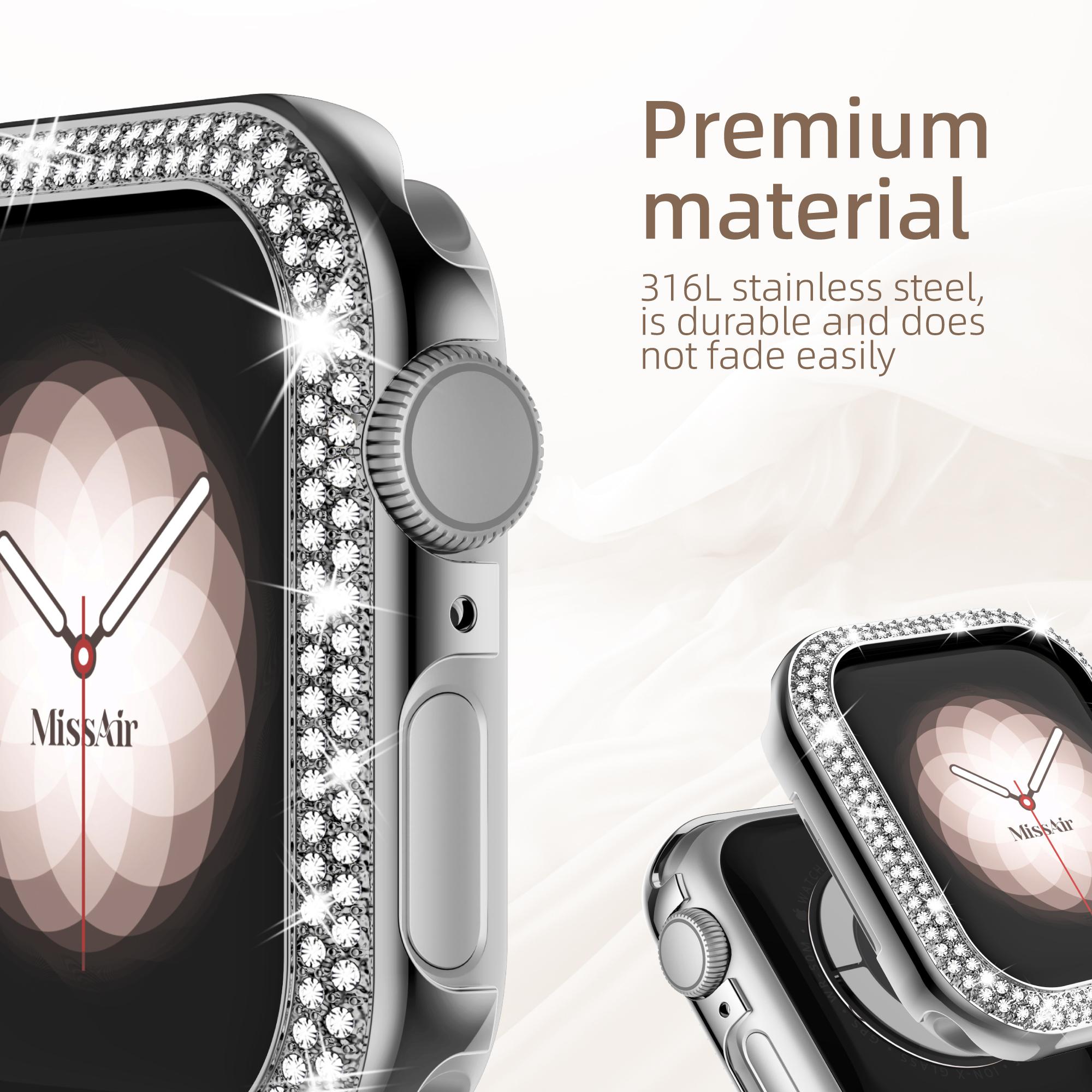 Missair Metal Bling Case for Apple Watch 40mm/44mm/41mm/45mm - Glitter Double Row Crystal Diamond Frame Protective Cover, Stylish Wearable Accessory