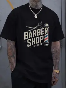 Men'S Barber Shop Graphic T-Shirt - Black Shirt Featuring Scissors And Barber Pole Design