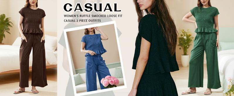 Yeokou Women’s  2-Piece Smocked Top & Wide-Leg Pants Set–High-Waisted Lounge Teacher's Outfit with Pockets Casual Boho Matching Set
