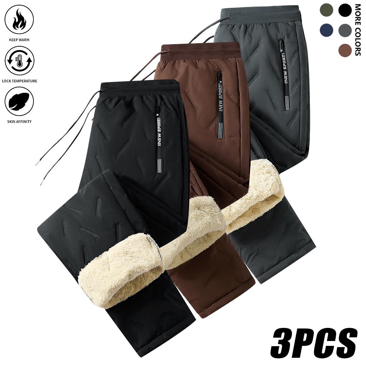 Men's Warm Winter Pants Set - 3 Pack Thick Cotton Trousers with Drawstring Waistband, Black Cold-Resistant for Daily and Formal Wear, Side Pockets - Suitable for Office Work and Outdoor Activities solid drawstring waist sweatpants wind  proof  pants mens