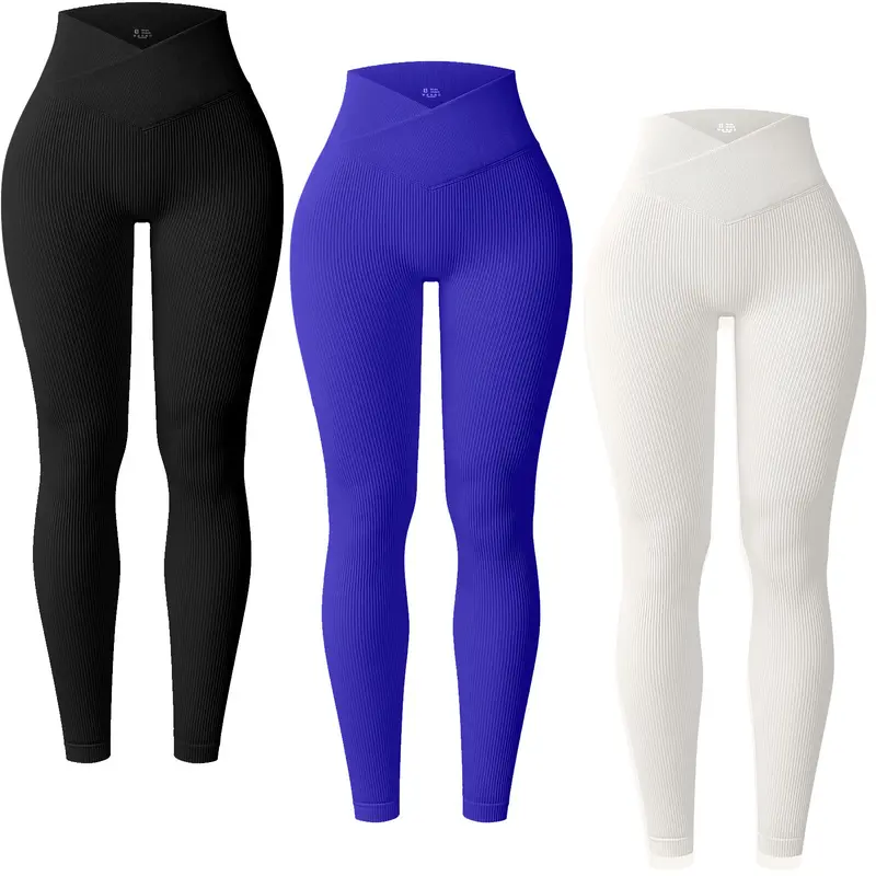 Women's 3-Pack Ribbed Seamless Elastane Blend V-Cross High Waist Sculpt Yoga Leggings - High Compression Fit, Quick Dry, Moisture-Wick, Seamless Contour Leggings, Sportswear Pants, Workout Legging Pants, M Size