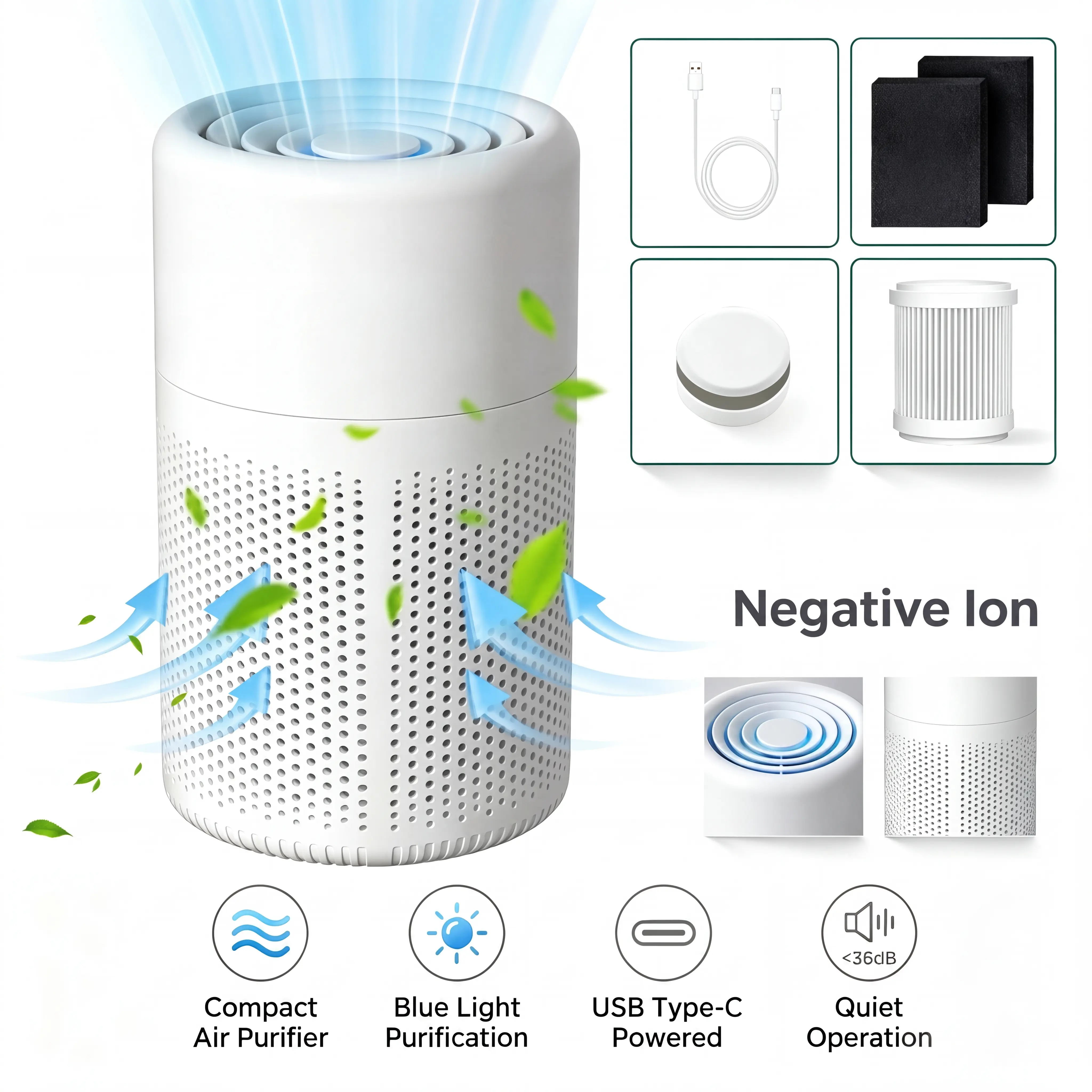 K1 Air Purifier, HEPA + Activated Carbon Filter, Built-in Aroma Function, Negative Ion Blue Light Sterilization, Remove PM2.5 Formaldehyde Pet Odor, Ultra Quiet Portable Air Cleaner for Bedroom Office, Filter, Activated Carbon Cotton & Aroma Pad Included