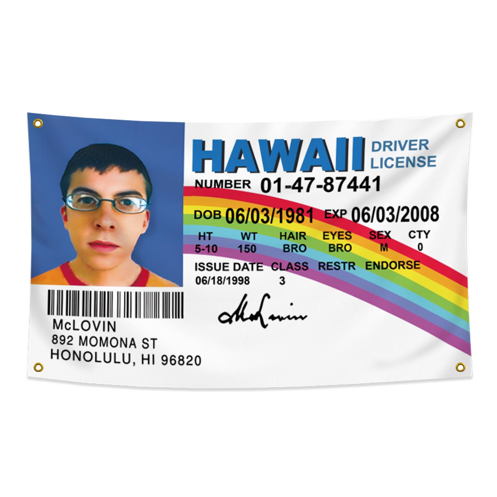 Hawaii IDFake Driver License  Mclovin Tapestry, Polyester with Brass Grommets, Mc Loving Funny flags Poster for College Dorm Outdoor Banner